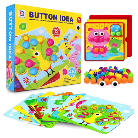 Jucarii educative si creative - Joc Mozaic creativ Button Idea Animale, 12 cartonase, 46 de butoni