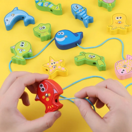 Joc pescuit magnetic din lemn si snuruit, 16 piese, multicolor [4]