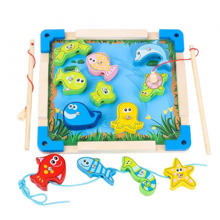 Joc pescuit magnetic din lemn si snuruit, 16 piese, multicolor [0]