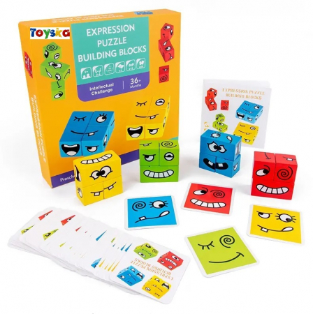 Jucarii Montessori din lemn - Joc puzzle Montessori emotii si expresii faciale cuburi din lemn, multicolor