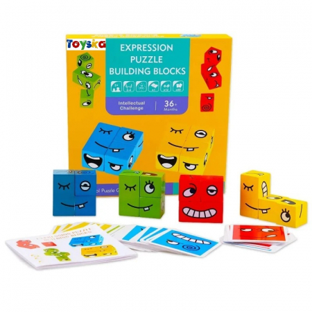 Joc puzzle Montessori emotii si expresii faciale cuburi din lemn, multicolor [1]