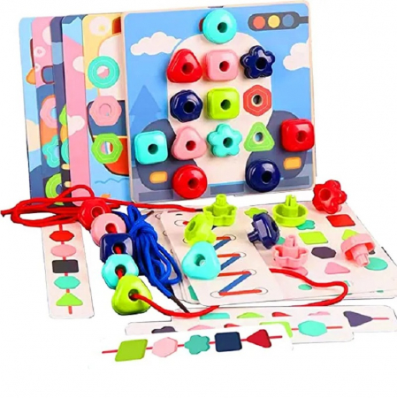 Jucarii Montessori din lemn - Joc snuruit si mozaic cu butoni, 2 in 1 Mushroom Nail, multicolor