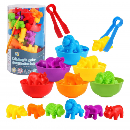 Jocuri de sortat - Joc sortare, clasificare culori si numarat Animale Salbatice si Domestice, 44 piese, multicolor