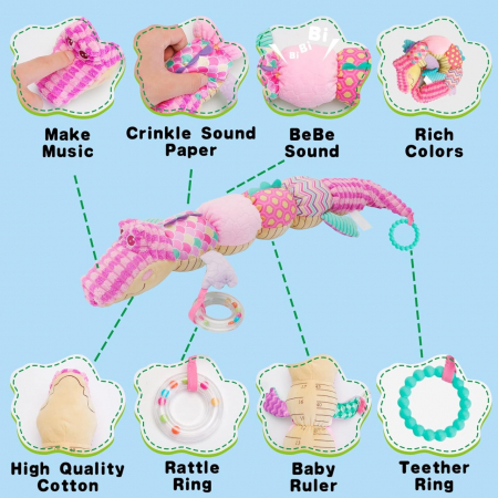 Jucarie Bebe Senzoriala Muzicala Crocodil, 60x9 cm, roz [1]