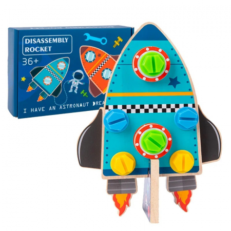Jucarii Montessori din lemn - Jucarie de asamblat din lemn Racheta reversibila Disassembly Rocket, 25 piese, multicolor