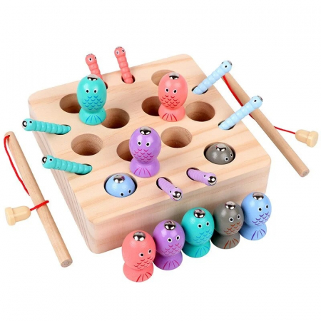 Jucarie de pescuit magnetic din lemn Catch Worms Fishing Game