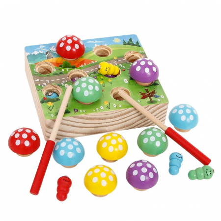 Jucarii Montessori din lemn - Jucarie de pescuit magnetic din lemn cu Ciupercute si Viermisori, multicolor