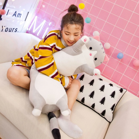 Jucarie de plus pisica tip perna, umplutura hipoalergenica, pentru copii si adulti, 110 cm, gri [1]