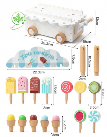 Jucarie de tras din lemn Masinuta de Inghetata, Ice Cream Truck, multicolor [7]