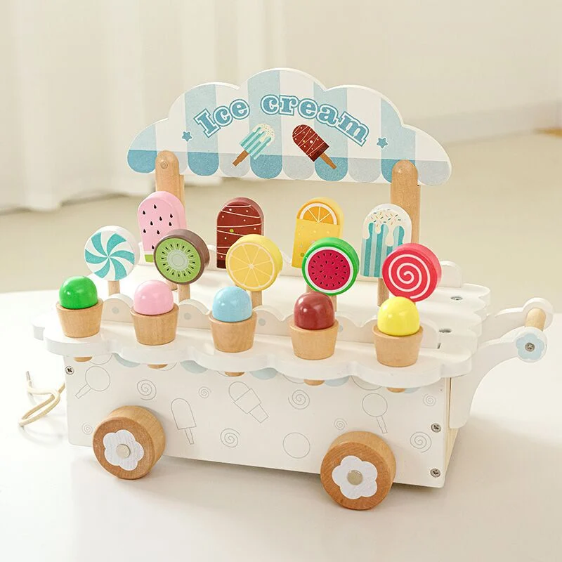 Jucarie de tras din lemn Masinuta de Inghetata, Ice Cream Truck, multicolor [6]