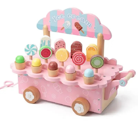Jucarie de tras din lemn Masinuta de Inghetata, Ice Cream Truck, roz [1]