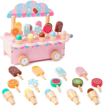 Jucarii de tras si impins - Jucarie de tras din lemn Masinuta de Inghetata, Ice Cream Truck, roz