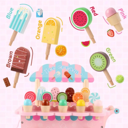 Jucarie de tras din lemn Masinuta de Inghetata, Ice Cream Truck, roz [3]