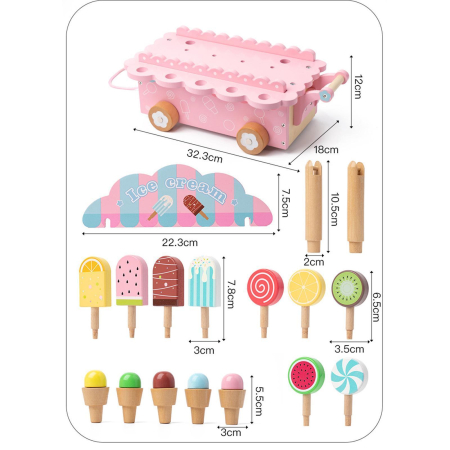Jucarie de tras din lemn Masinuta de Inghetata, Ice Cream Truck, roz [6]