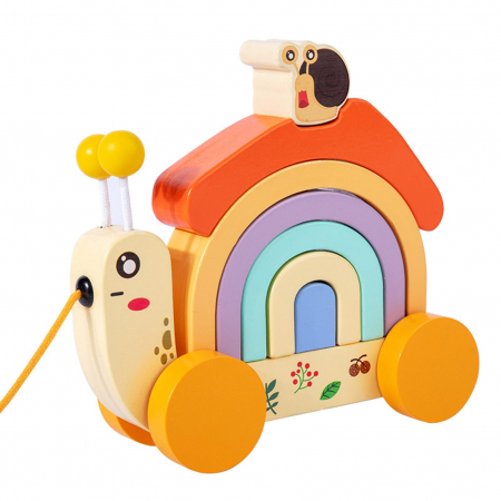 Jucarie de tras din lemn Melcul Curcubeu, multicolor