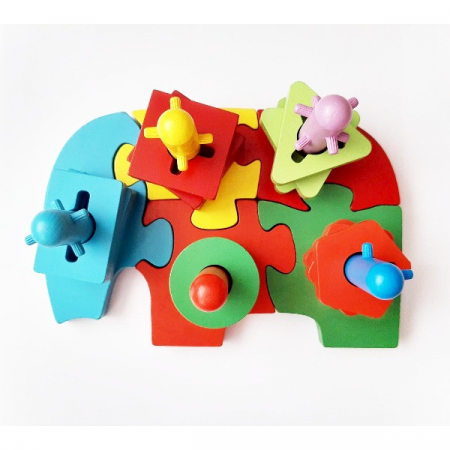 Jucarie din lemn 2 in 1, Sortator forme geometrice 5 coloane, Puzzle Elefant, multicolor [0]