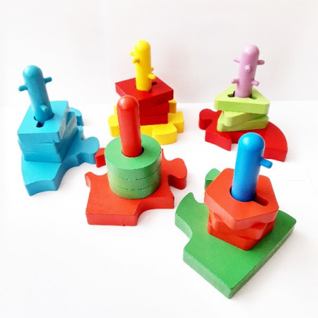 Jucarie din lemn 2 in 1, Sortator forme geometrice 5 coloane, Puzzle Elefant, multicolor [2]