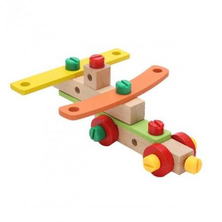 Jucarie educativa pentru asamblat cu suruburi din lemn, scaun, avion, masinute, 49 piese multicolor [4]