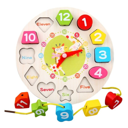 Jucarii Montessori din lemn - Jucarie educativa din lemn Ceas 2 in 1 Girafa, 12 piese, multicolor