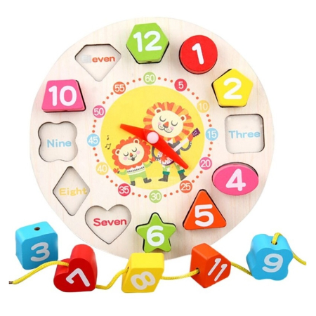 Jucarii Montessori din lemn - Jucarie educativa din lemn Ceas 2 in 1 Leu, 12 piese, multicolor