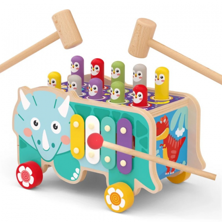 Jucarie educativa din lemn, Vehicul Prinde Cartita, 3 in 1, multicolor