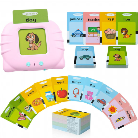 Jucarii educative si creative - Jucarie educativa Montessori, Set masina de invatare cu cititor de carduri, 112 bucati carduri flash 224 de cuvinte limba Engleza, Roz