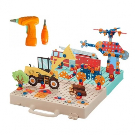 Jocuri de constructie - Jucarie educativa si interactiva set constructie cu bormasina, 331 piese, masini, inginerie 2D-3D