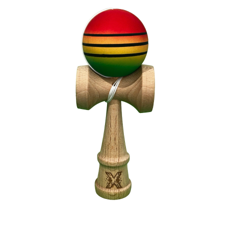 Jocuri dexteritate - Jucarie Kendama X din Lemn, Rubber Grip, 18 cm, Rosu/Galben/Verde