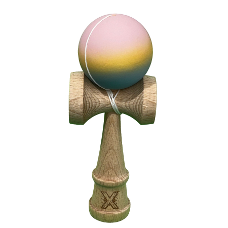 Jocuri dexteritate - Jucarie Kendama X din Lemn, Rubber Grip, 18 cm, Roz/Galben/Albastru