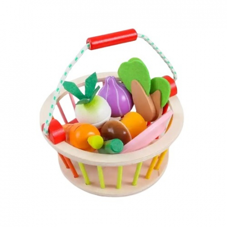 Jucarii Montessori din lemn - Jucarie lemn Cosuletul cu Legume de feliat, multicolor