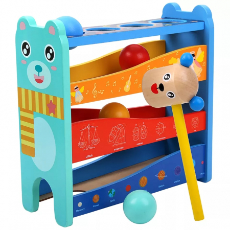 Jucarii Montessori din lemn - Jucarie lemn Pista cu bile si ciocanel Hammer Bench, multicolor