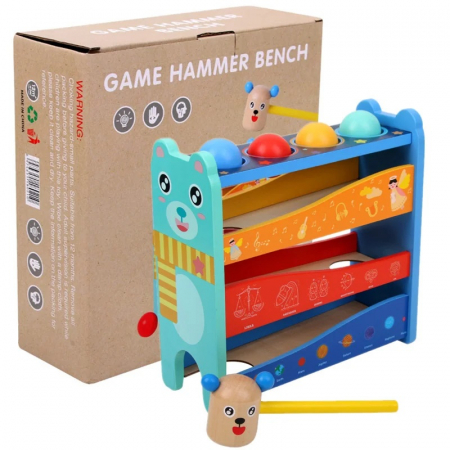 Jucarie lemn Pista cu bile si ciocanel Hammer Bench, multicolor [3]