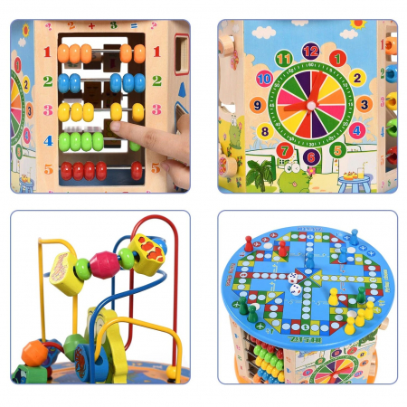 Cub educativ Montessori din lemn 8 in 1,Ceas, Puzzle, Labirinturi, Abacus, Sah, multicolor [3]