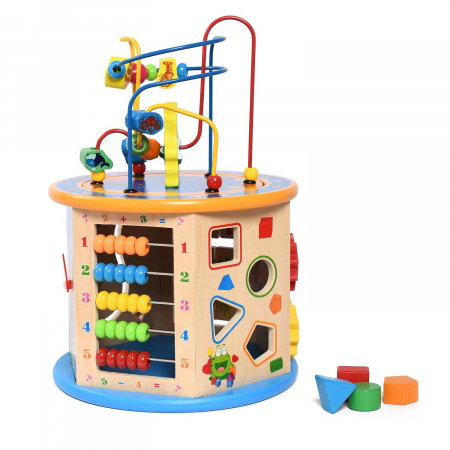 Cub educativ Montessori din lemn 8 in 1,Ceas, Puzzle, Labirinturi, Abacus, Sah, multicolor [1]