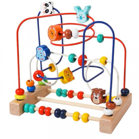 Jucarii Montessori din lemn - Labirint motricitate din lemn Animale, circuit cu bile, abac, multicolor