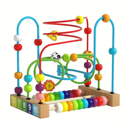 Jucarii Montessori din lemn - Labirint motricitate din lemn Animale, circuit cu bile, numere si abac, multicolor