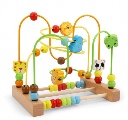 Jucarii Montessori din lemn - Labirint motricitate din lemn Animale, circuit cu bile si abac, multicolor