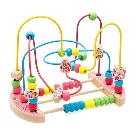 Labirint motricitate din lemn, circuit cu bile si abac Candy Round Bead, multicolor
