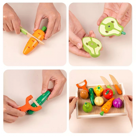 Set Ladita cu Fructe si Legume magnetice de feliat din lemn, 12 piese, multicolor [4]