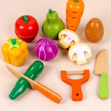 Set Ladita cu Fructe si Legume magnetice de feliat din lemn, 12 piese, multicolor [3]