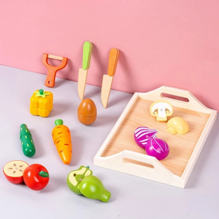 Set Ladita cu Fructe si Legume magnetice de feliat din lemn, 12 piese, multicolor [2]