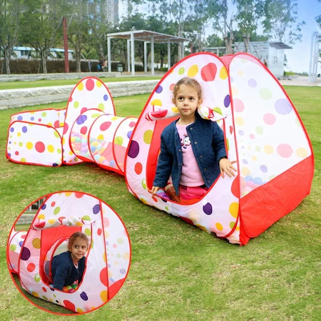 Loc de joaca 3 in 1 ideal pentru copii cu 100 de bile multicolore cadou, format din cort, tunel intermediar si piscina [4]