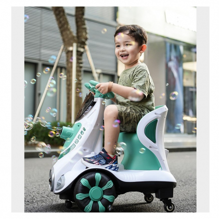 Masinuta electrica cu telecomanda pentru copii, rotire 360, baloane de sapun, lumini si sunete, pedale de acceleratie si frana, verde [3]