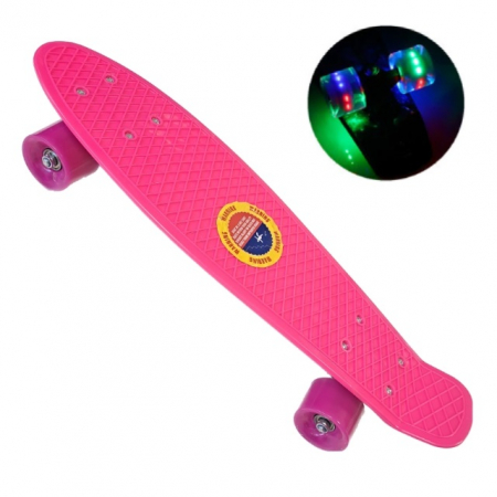 Penny Board cu roti de silicon si lumini LED, 55 cm, roz