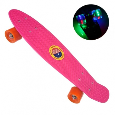 Penny Board cu roti de silicon si lumini LED, 55 cm, roz/portocaliu