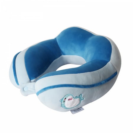 Camera copilului - Perna de Calatorie,  Pentru Gat si Cap, Umplutura din Bumbac,  Model Brodat Delfin, Albastru