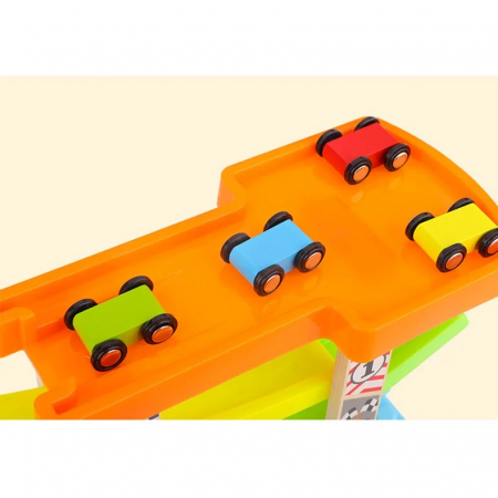 Pista cu 4 rampe si 6 masinute din lemn, multicolor [3]