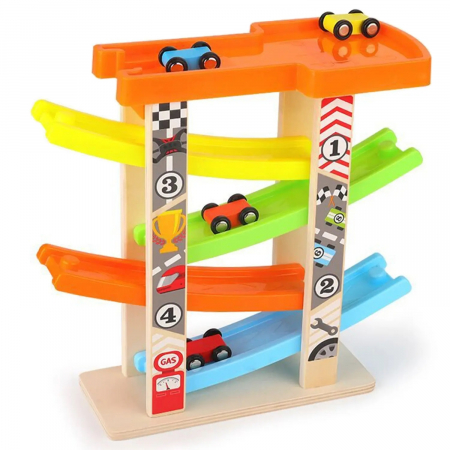Jucarii Montessori din lemn - Pista cu 4 rampe si 6 masinute din lemn, multicolor