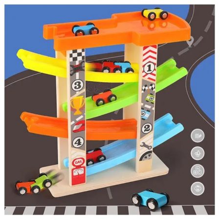 Pista cu 4 rampe si 6 masinute din lemn, multicolor [1]