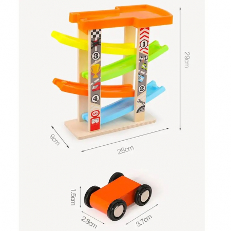 Pista cu 4 rampe si 6 masinute din lemn, multicolor [4]